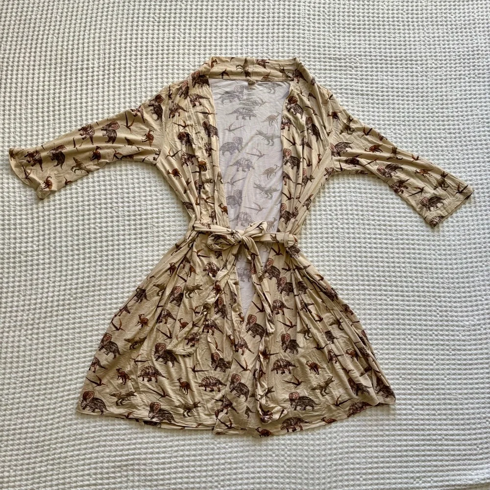 Posh Peanut Women’s “Vintage Dinosaur” Tan Bamboo Robe – Medium - Picture 1 of 5